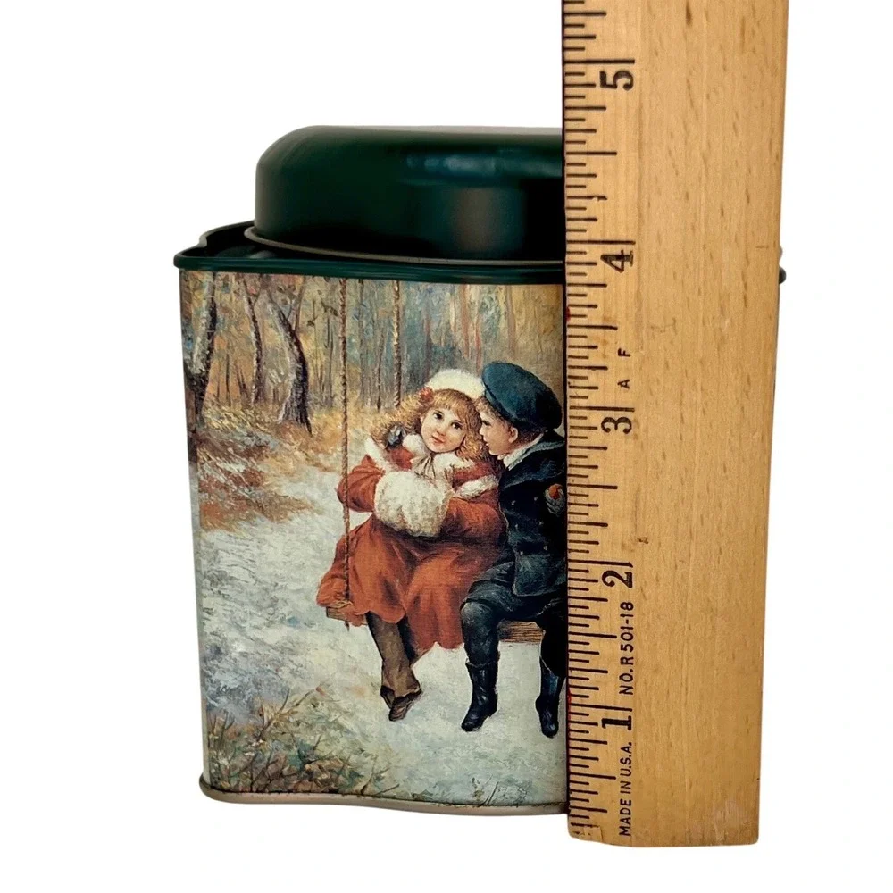 Christmas Tin Victorian‎ Winter Woods Scene Children on Swing Vintage Holiday